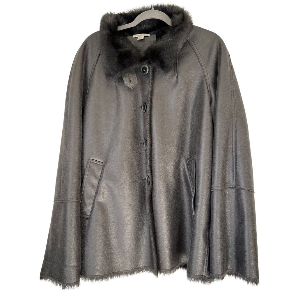 Coldwater Creek Women's Coat Size L (14-16) Faux Leather/Fur Metallic Brown